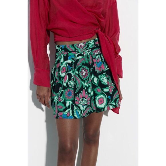 NWT Zara Multicolored Floral Print Linen Blend High Waisted A-Line Mini Skirt - Picture 6 of 15